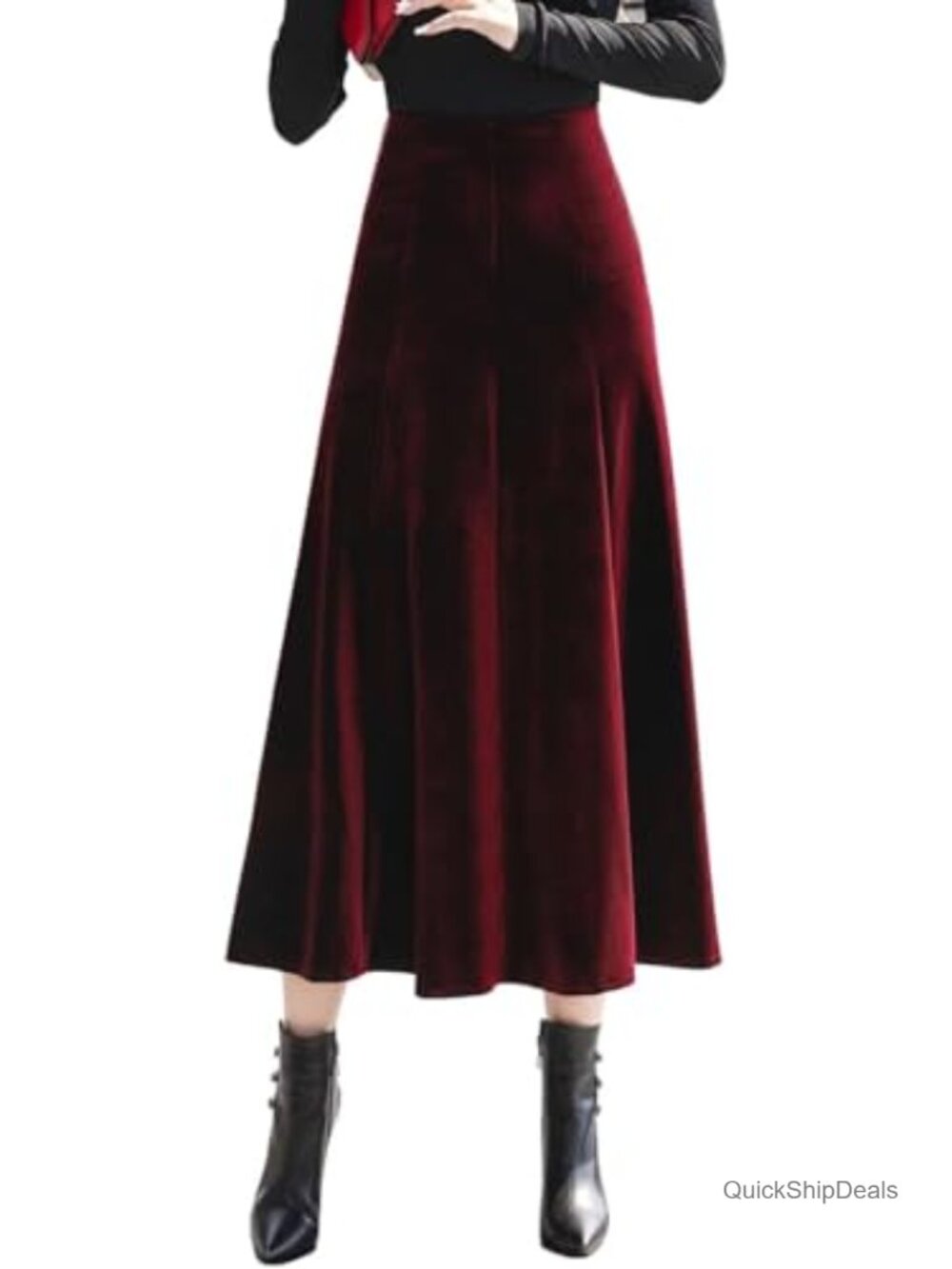 High Waist Pleated Velvet A-Line Midi Skirt with Pockets